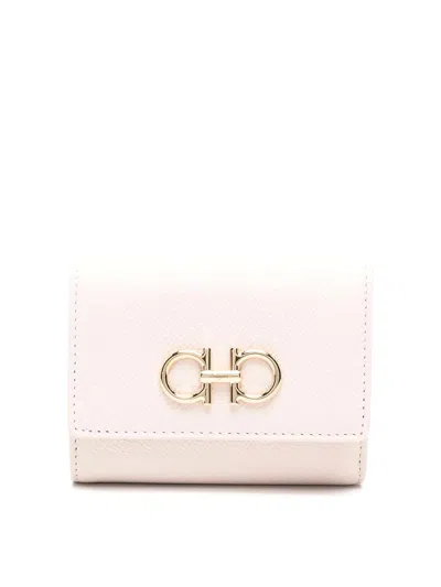 Ferragamo Trifold Wallet Gancini Leather Gold-tone In Pink