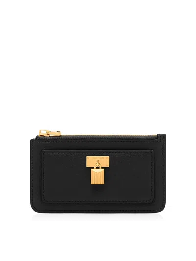 Tom Ford Natural Grain Leather Padlock Zipped Card Holder In Black