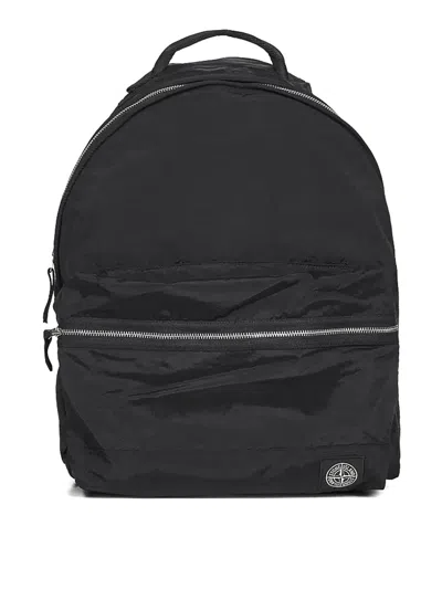 Stone Island Adjustable Strap Logo Backpack With Multiple Pockets In Black