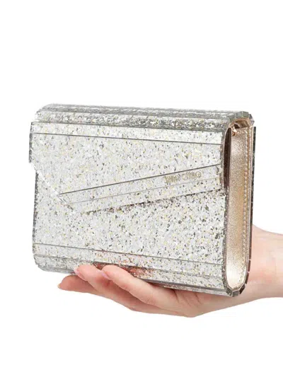 Jimmy Choo Candy Clutch Bag In Acrylic Fabric With Glitter In Silver