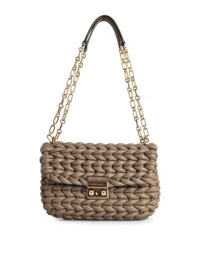 Michael Kors Tribeca Shoulder Bag In Birch Woven Leather In Sand