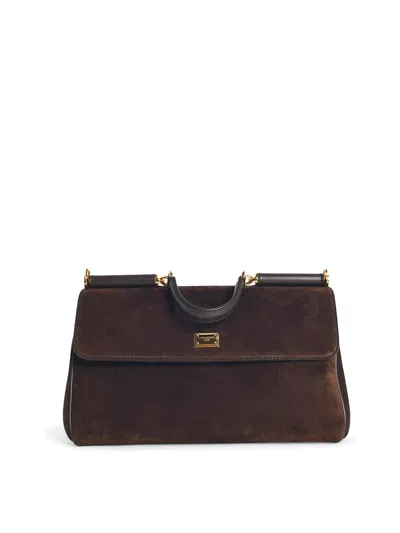 Dolce & Gabbana Sicily Small Leather-trimmed Suede Shoulder Bag In Brown