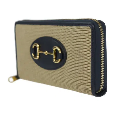 Pre-owned Gucci Beige Black Canvas Leather Long Wallet (bi-fold) () In Multi
