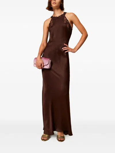 Twinset Brown Halterneck Long Dress With Lace Embellishment On The Rear In Viscose Woman In Brown