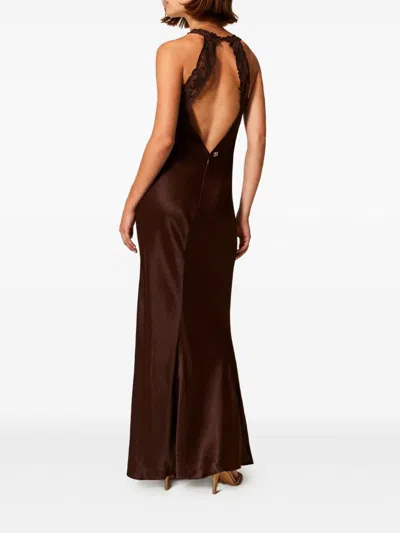 Twinset Brown Halterneck Long Dress With Lace Embellishment On The Rear In Viscose Woman In Brown