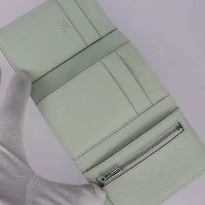 Pre-owned Hermes Bearn Vert Epsom Leather Wallet (tri-fold) () In Green
