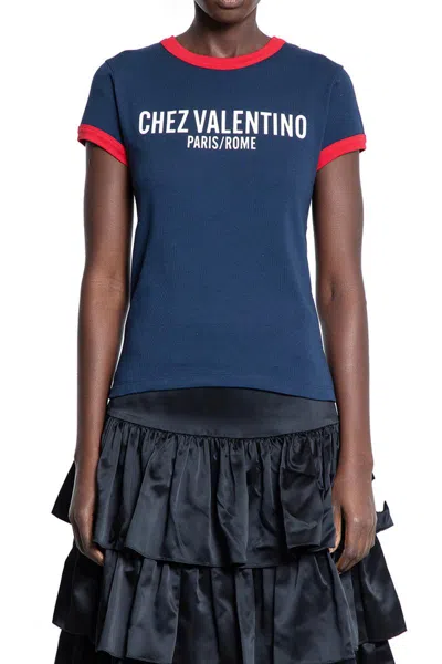 Valentino Fitted T-shirt With Contrasting Red Trimlettering In Blue