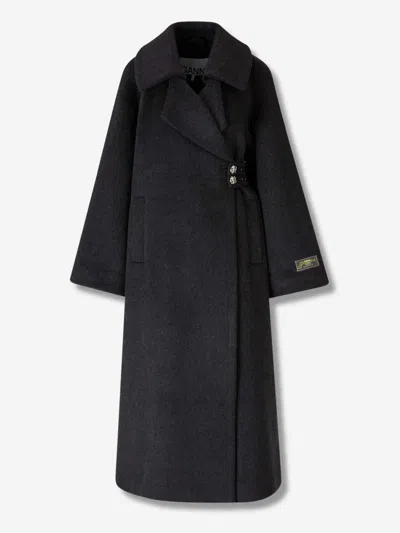 Ganni Double-face Wool Lace-up Coat Phantom In Black