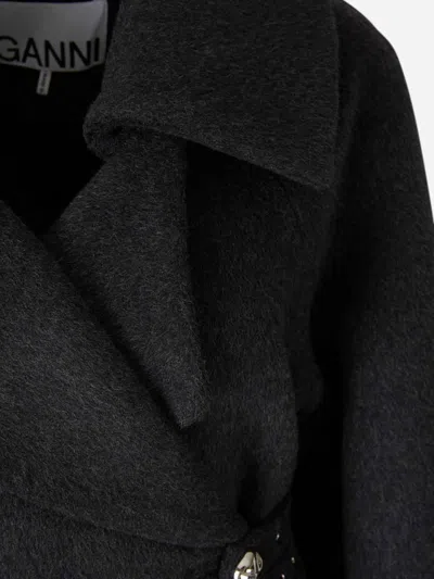Ganni Double-face Wool Lace-up Coat Phantom In Black
