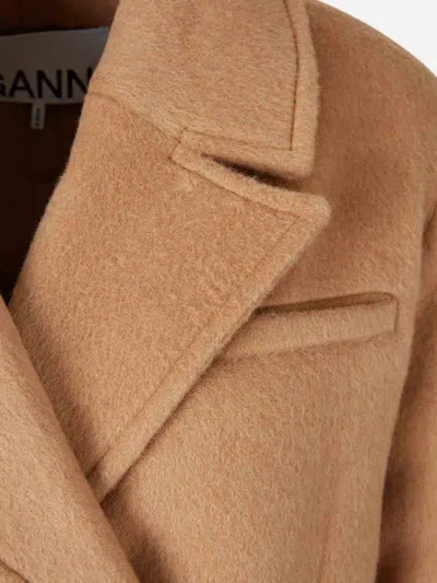 Ganni Camel Wool Blend Coat In Brown