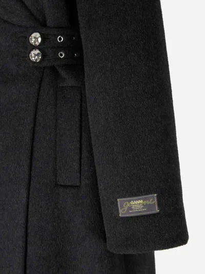 Ganni Double-face Wool Lace-up Coat Phantom In Black