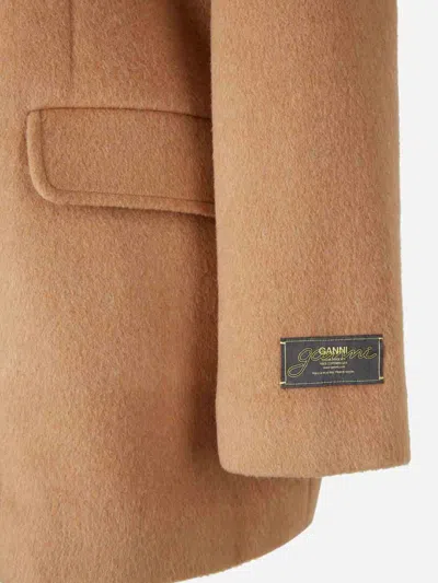 Ganni Camel Wool Blend Coat In Brown