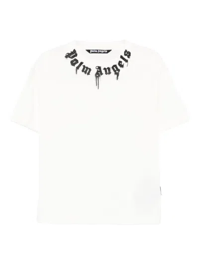 Palm Angels Classic Fit White Cotton T-shirt With Graphic Branding In White
