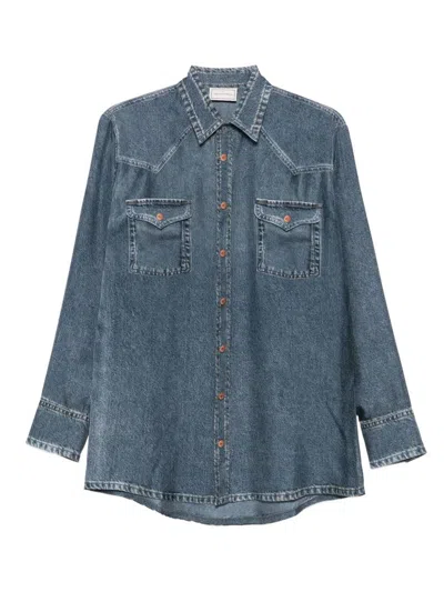 Pierre-louis Mascia Pierre Louis Mascia Denim Print Silk Shirt In Blue