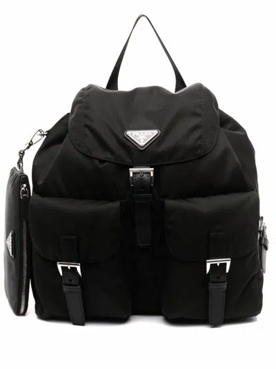 Prada Black Re-nylon And Saffiano Backpack With Pouch Women In Black