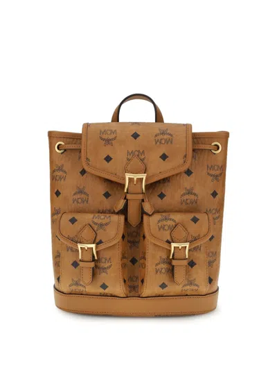 Mcm Monogram Buckle Backpack In Brown