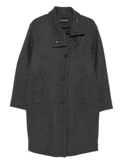 Emporio Armani Long Wool Blend Coat With High Collar In Gray
