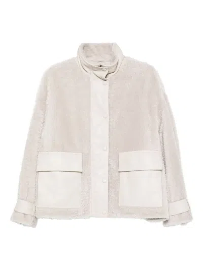 Emporio Armani Textured Leather Jacket High Collar In Sand