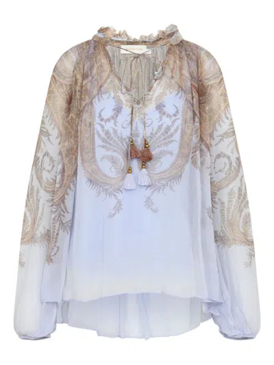 Zimmermann Flowy Gradient Blouse With Ruffled Neckline In Purple