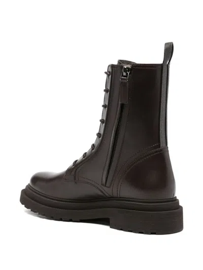 Brunello Cucinelli Lace-up Leather Platform Boots In Black