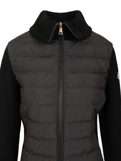 Moncler Two-material Cardigan With Goose Down Padding And High Neck In Black