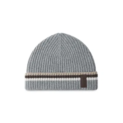 Paul & Shark Ribbed Striped Beanie Hat In Gray