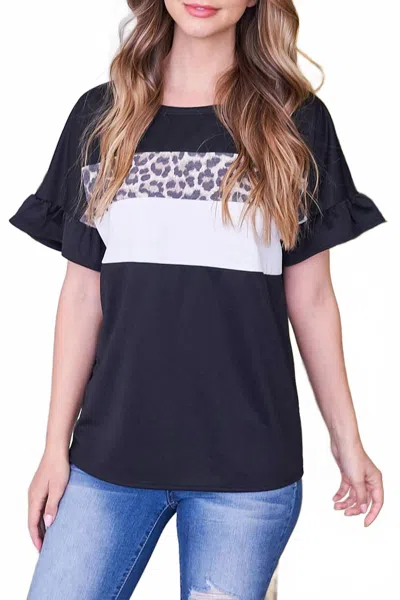 Perfect Peach Leopard Contrast Short Sleeve Color Block Top In Black In Black