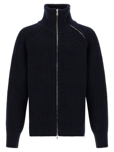 Dries Van Noten Full Zip Turtleneck Sweater With Shoulder Detail In Blue