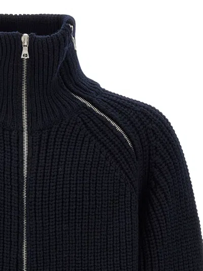Dries Van Noten Full Zip Turtleneck Sweater With Shoulder Detail In Blue