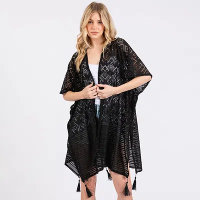 Fashnzfab Geometric Pattern Tassel Cover Up Poncho In Black