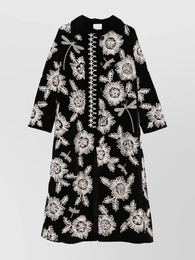Forte Forte Long Coat With Floral Embroidery And Pockets In Black