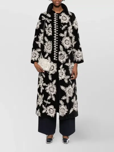 Forte Forte Long Coat With Floral Embroidery And Pockets In Black