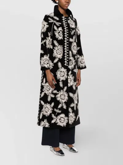 Forte Forte Long Coat With Floral Embroidery And Pockets In Black