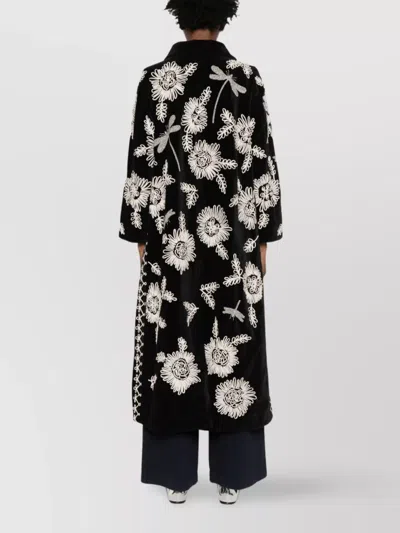 Forte Forte Long Coat With Floral Embroidery And Pockets In Black
