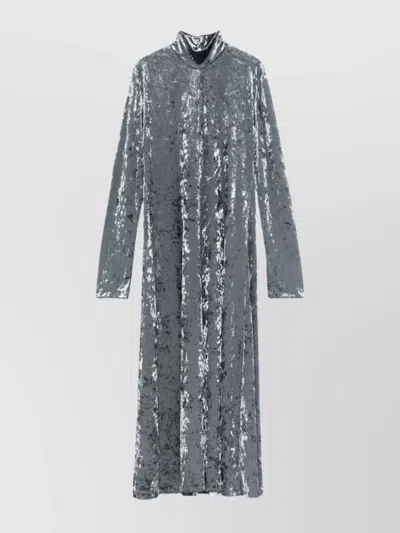 Forte Forte A-line Velvet Midi Dress With Long Sleeves In Gray