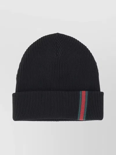 Gucci Ribbed Wool Beanie Featuring Stripe Web Detail In Black