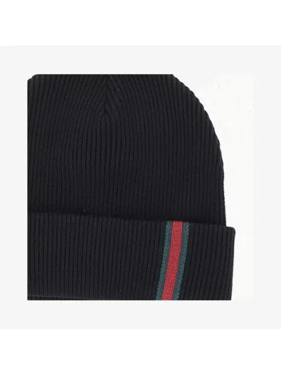 Gucci Ribbed Wool Beanie Featuring Stripe Web Detail In Black
