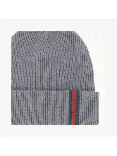Gucci Ribbed Wool Hat Featuring Web Design In Gray