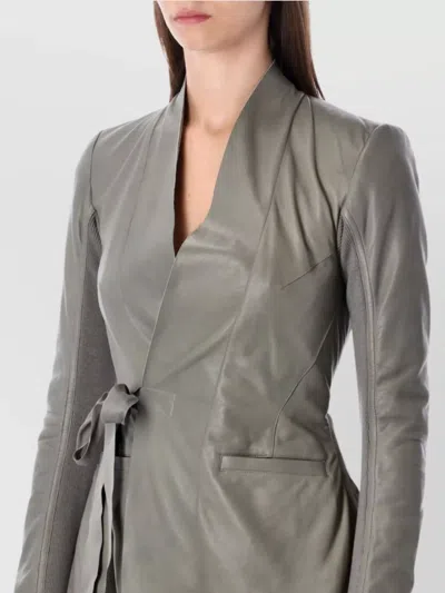 Rick Owens Leather Jacket With Tie Waist And Long Sleeves In Gray