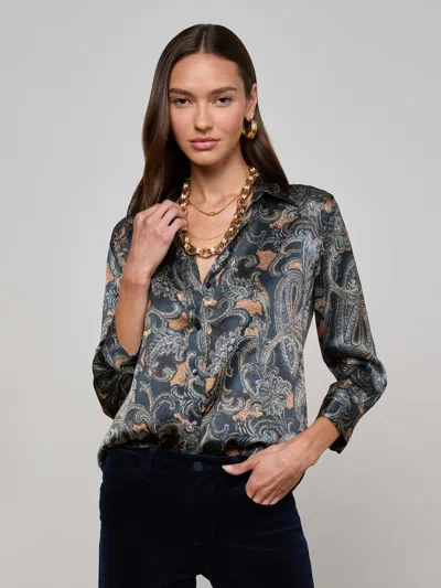 L'agence Dani Print Three-quarter Sleeve Silk Button-up Shirt In Gray