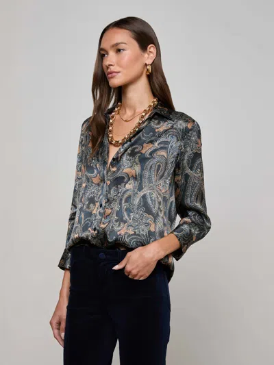 L'agence Dani Print Three-quarter Sleeve Silk Button-up Shirt In Gray