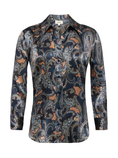 L'agence Dani Print Three-quarter Sleeve Silk Button-up Shirt In Gray