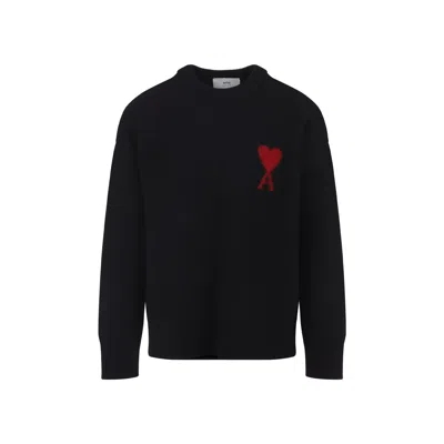 Ami Alexandre Mattiussi Relaxed Fit Black Wool Turtleneck Sweater With Graphic Heart Motif In Black