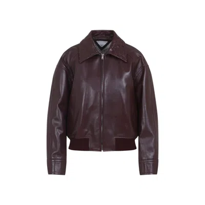 Bottega Veneta Leather Jacket Featuring Intrecciato Collar In Brown