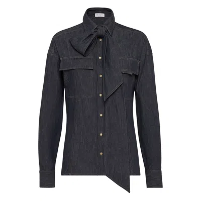 Brunello Cucinelli Long-sleeved Denim Shirt With Bow In Black