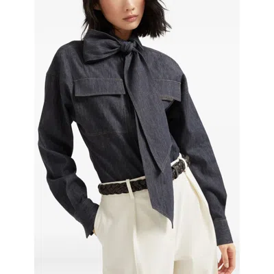 Brunello Cucinelli Long-sleeved Denim Shirt With Bow In Black