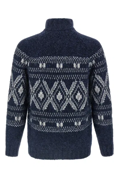 Brunello Cucinelli Geometric Jacquard Cardigan In Wool And Cashmere In Blue