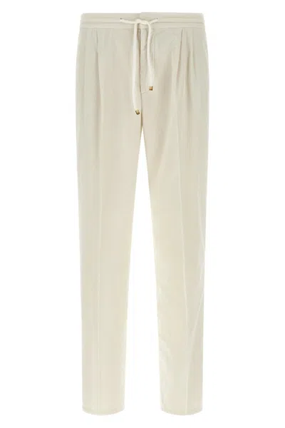 Brunello Cucinelli Men Leisure Fit Trousers In Linen And Cotton Gabardine With Drawstring And Double In Gold