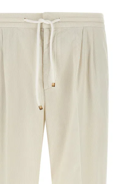 Brunello Cucinelli Men Leisure Fit Trousers In Linen And Cotton Gabardine With Drawstring And Double In Gold