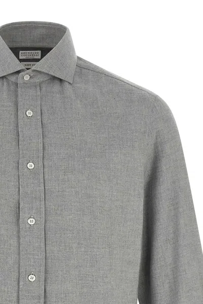 Brunello Cucinelli Long Sleeve Button-down Collar Cotton Shirt In Gray